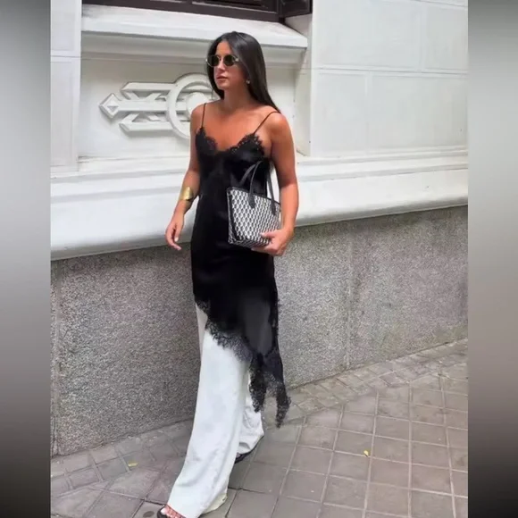 NWT - Lace Silk Black Slip Dress - Straps - Mini Dress - Y2K -Bohemian Zara Like - Picture 2 of 7